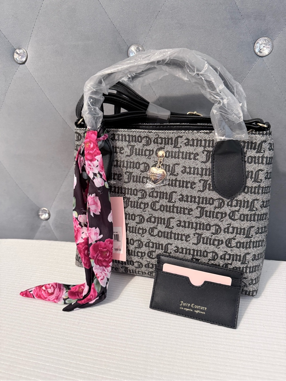 Juicy Couture Black & Gray Logo Satchel with Pink Floral Scarf and Cardholder
